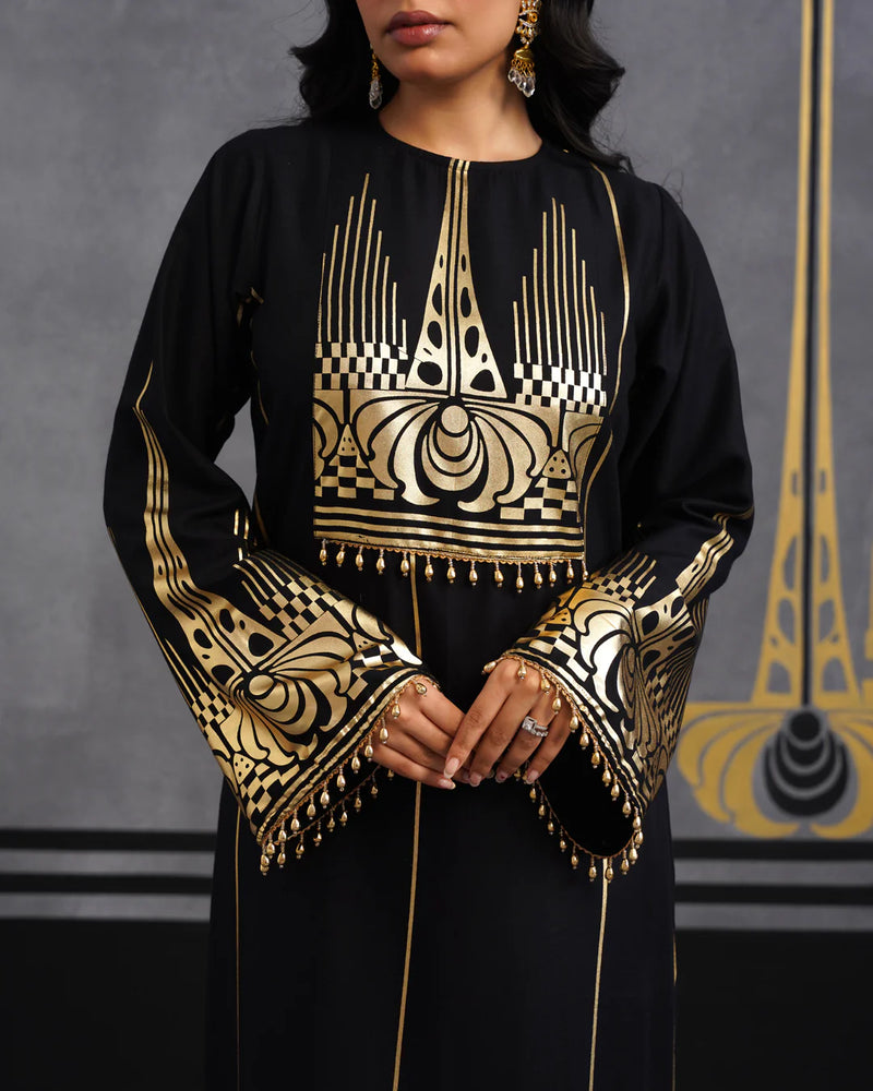 Royal Luxurious Noir Gold Foil Kaftan Dress