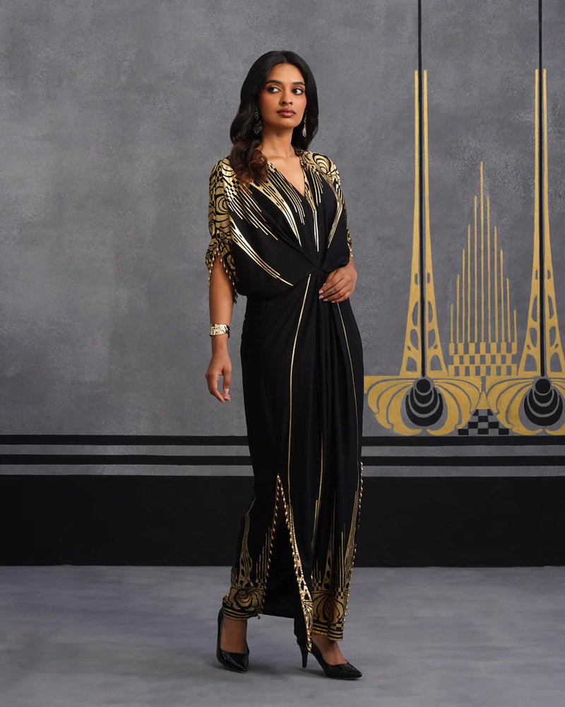Midnight Gold Foil Draped Kaftan Dress