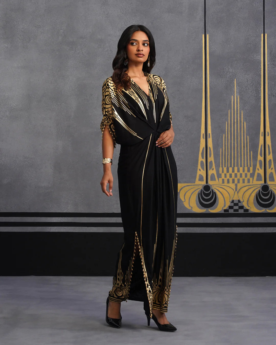 Midnight Gold Foil Draped Kaftan Dress  Reet Lifestyle