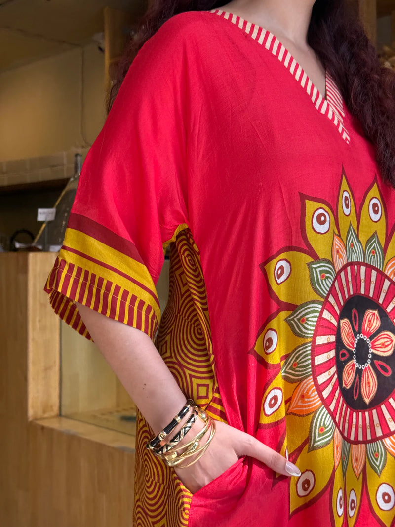 Crimson Mandala Printed Kaftan Set for Women