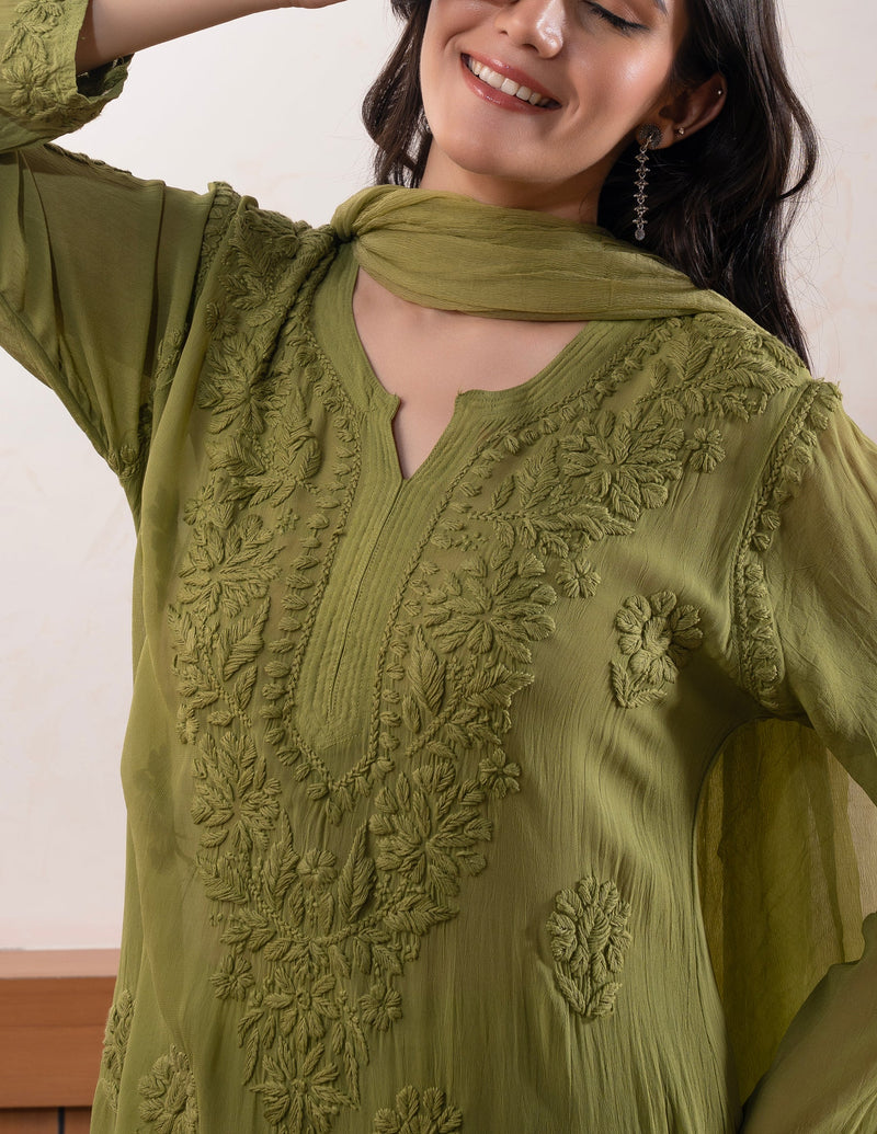 Mocha Blossom Viscose Georgette Straight Chikankari  Kurta Set