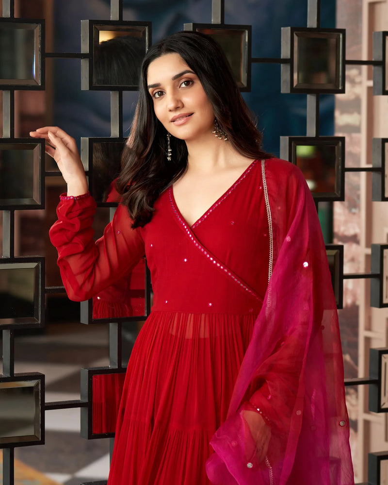 Mirror Work Embroidered Georgette Anarkali Suit Set