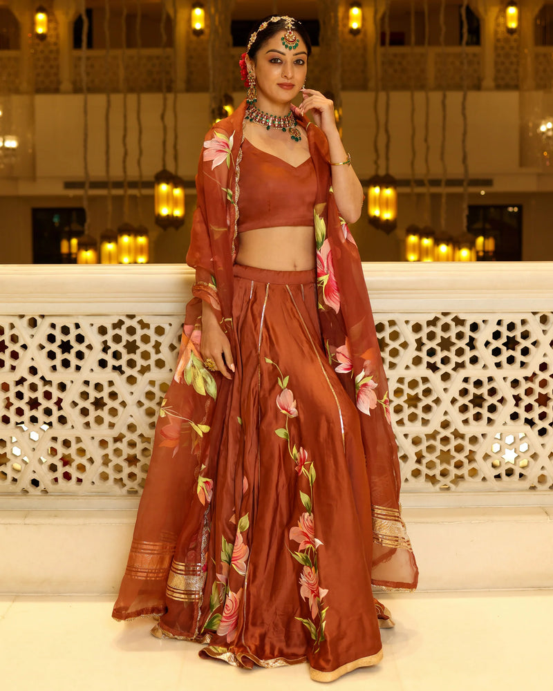 Hand-Painted Floral Satin Lehenga Set
