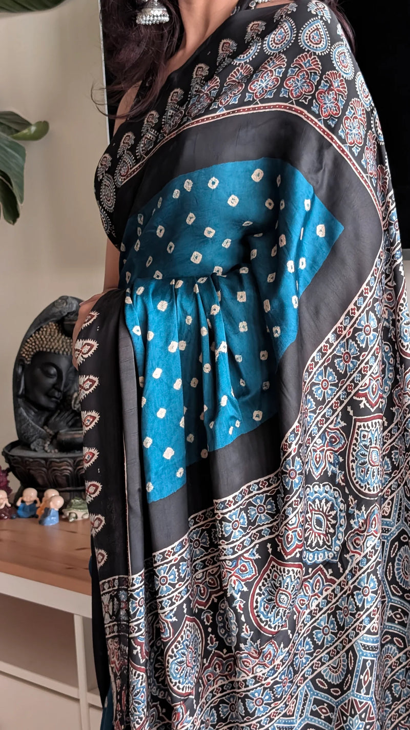 Bandhani Ajrakh Modal Silk Saree