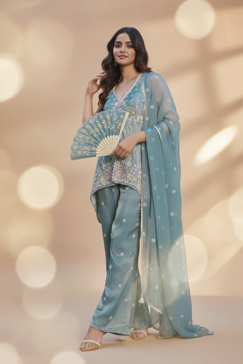 Powder Blue Front-Cut Western Kurta Set