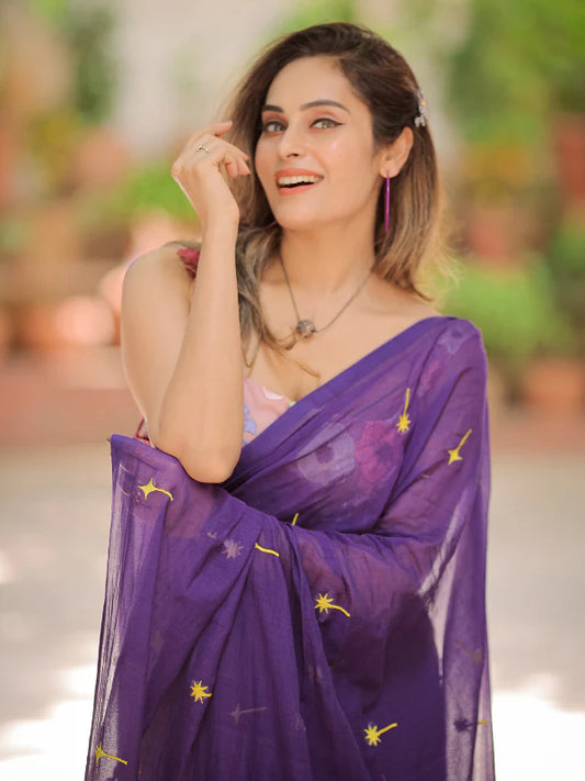 Purple Hand Embroidery Cotton Saree Mul Mul Saree 600