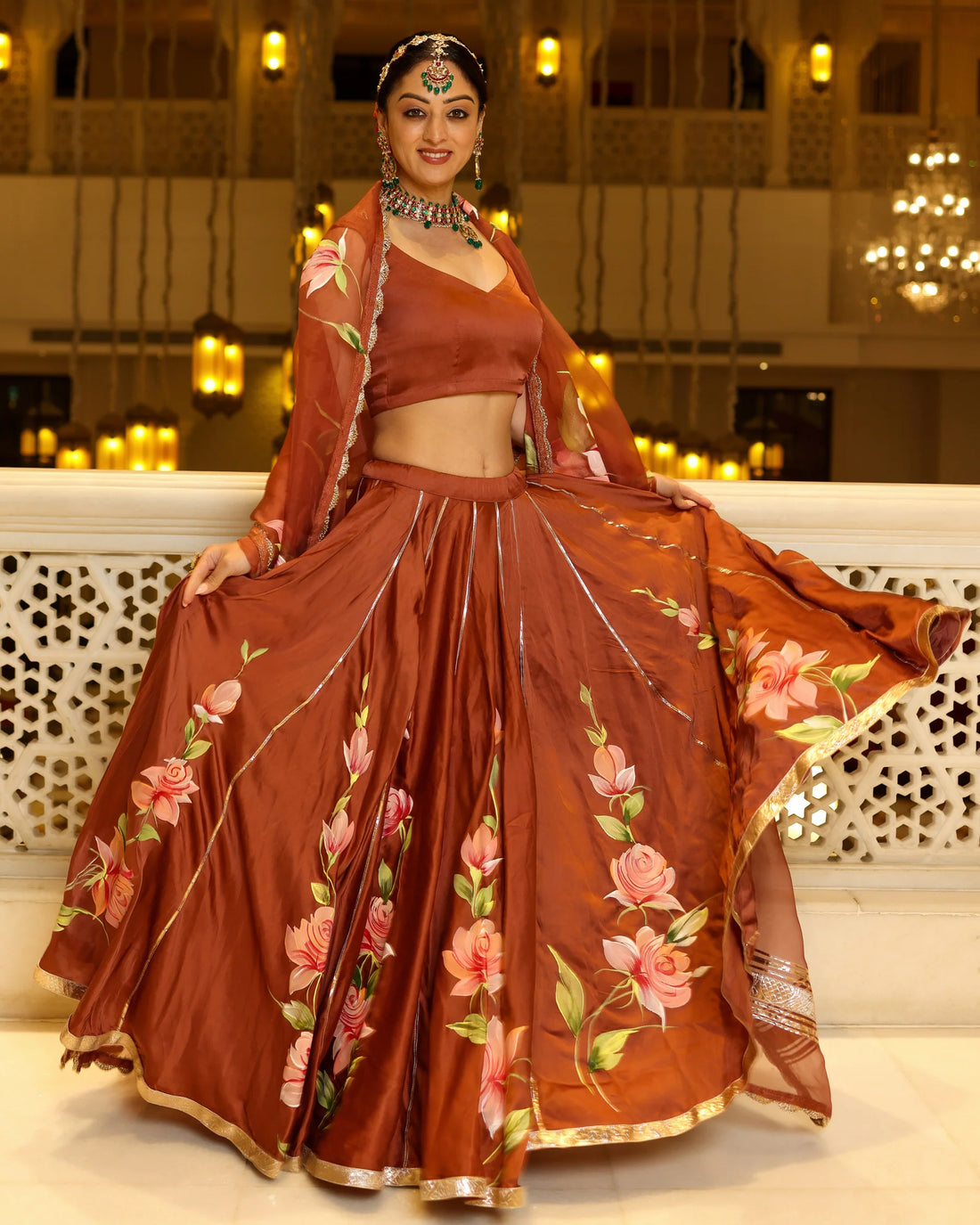 Hand-Painted Floral Satin Lehenga Set