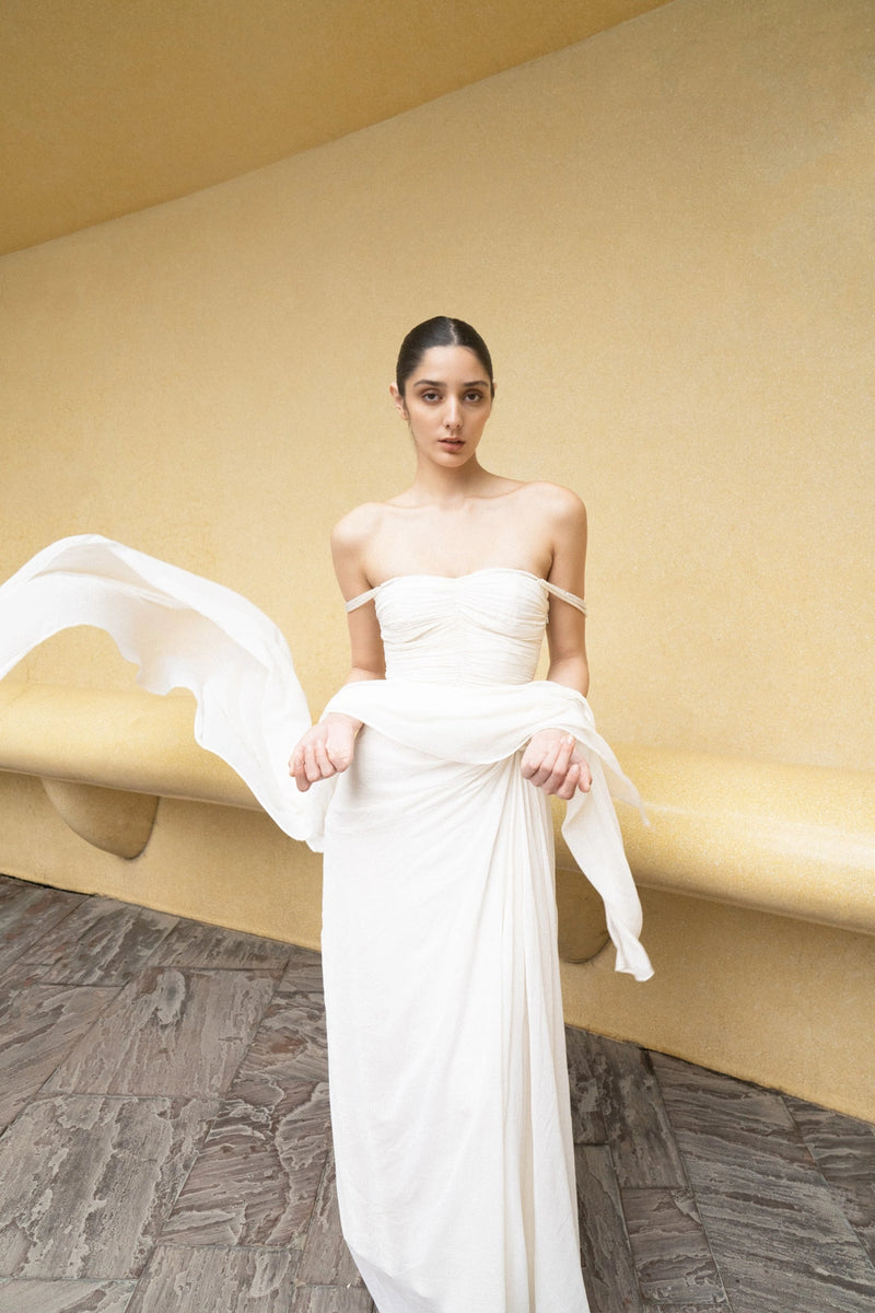 Ivory Pearl Cascade Off-Shoulder Gown