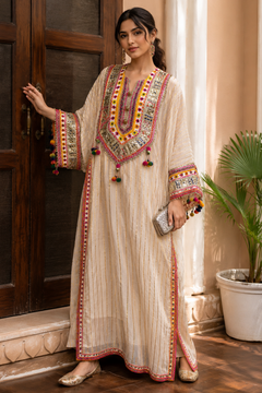 Noor-e-Gota Pure Mul Cotton Long Chogha Set with Mirror & Ghungroo Work Kaftan