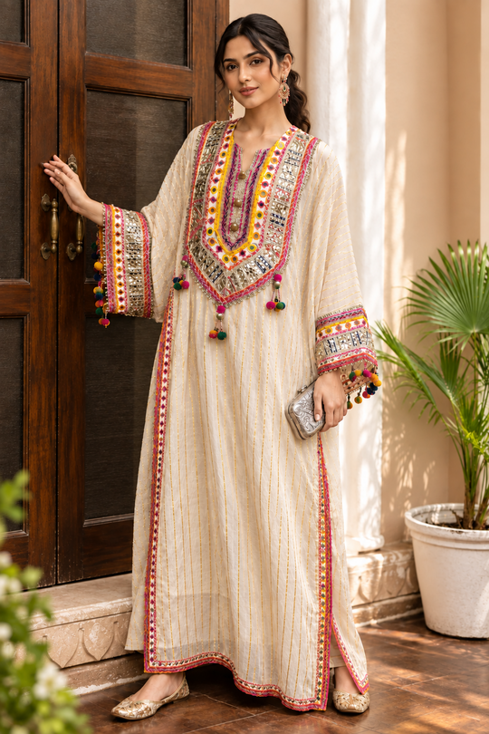 Noor-e-Gota Pure Mul Cotton Long Chogha Set with Mirror & Ghungroo Work Kaftan
