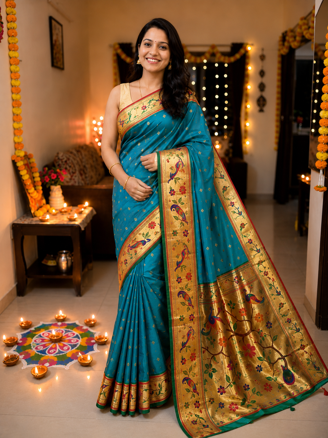 Surmayi Orange Soft Silk Paithani Saree with Lotus & Peacock Copper Zari Pallu