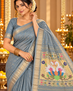 Steel Blue Cotton Paithani Saree with Golden Zari Border & Twin Swan Lotus Pallu