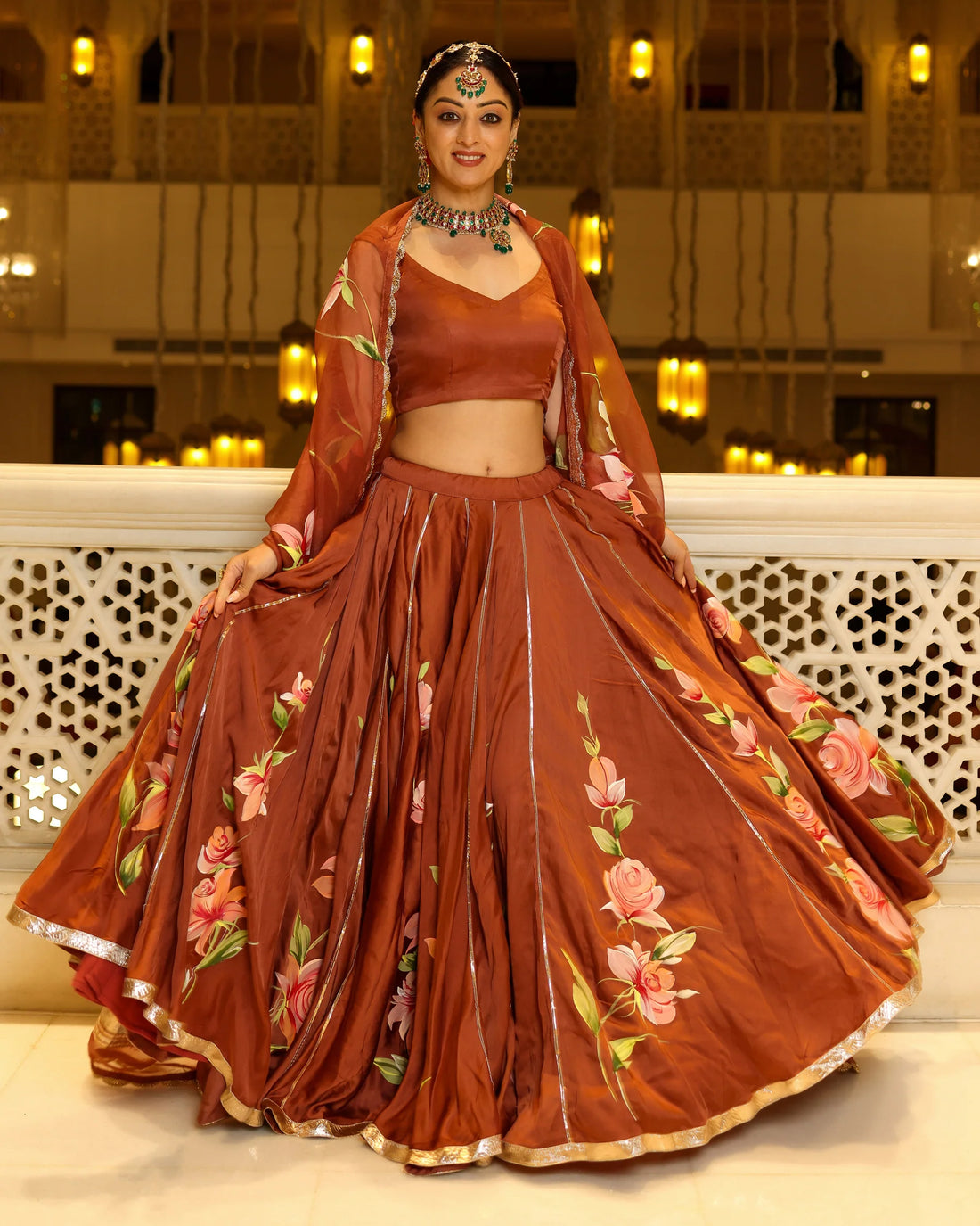 Hand-Painted Floral Satin Lehenga Set