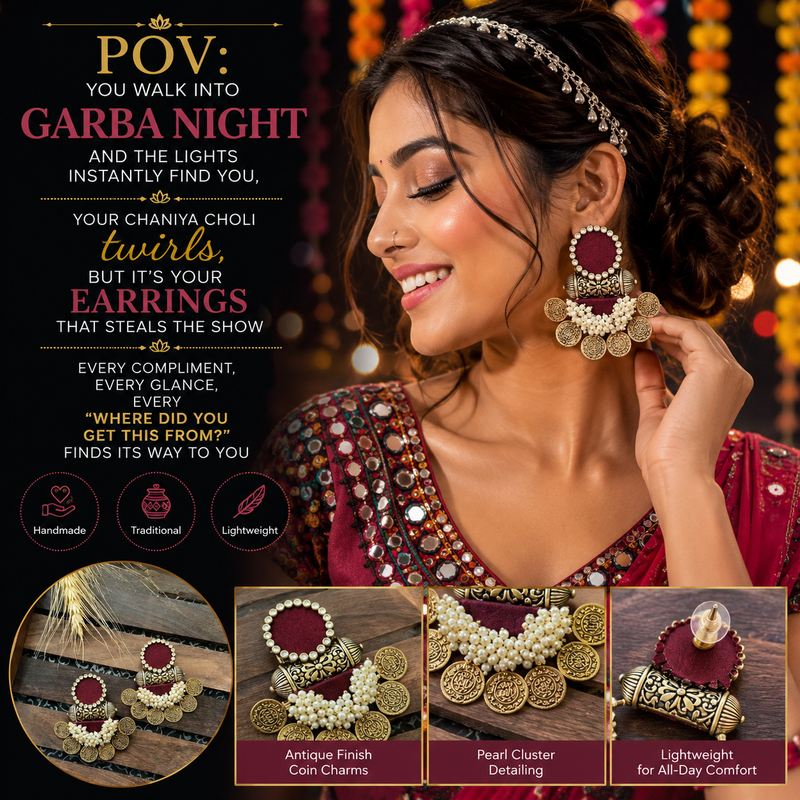 Maroon Antique Coin Chandbali Earrings with Pearl Cluster