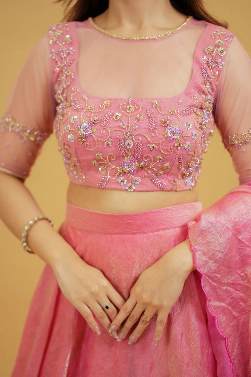 Premium Onion Pink Designer Lehenga Saree with Handworked Crop Top