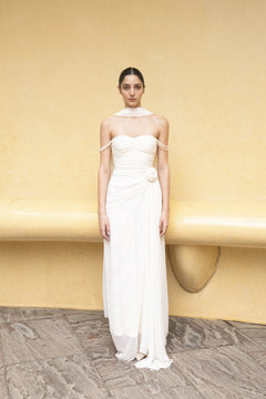 Ivory Pearl Cascade Off-Shoulder Gown