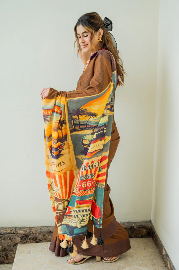 Cocoa Canvas Artistic Soft Linen Fall Saree
