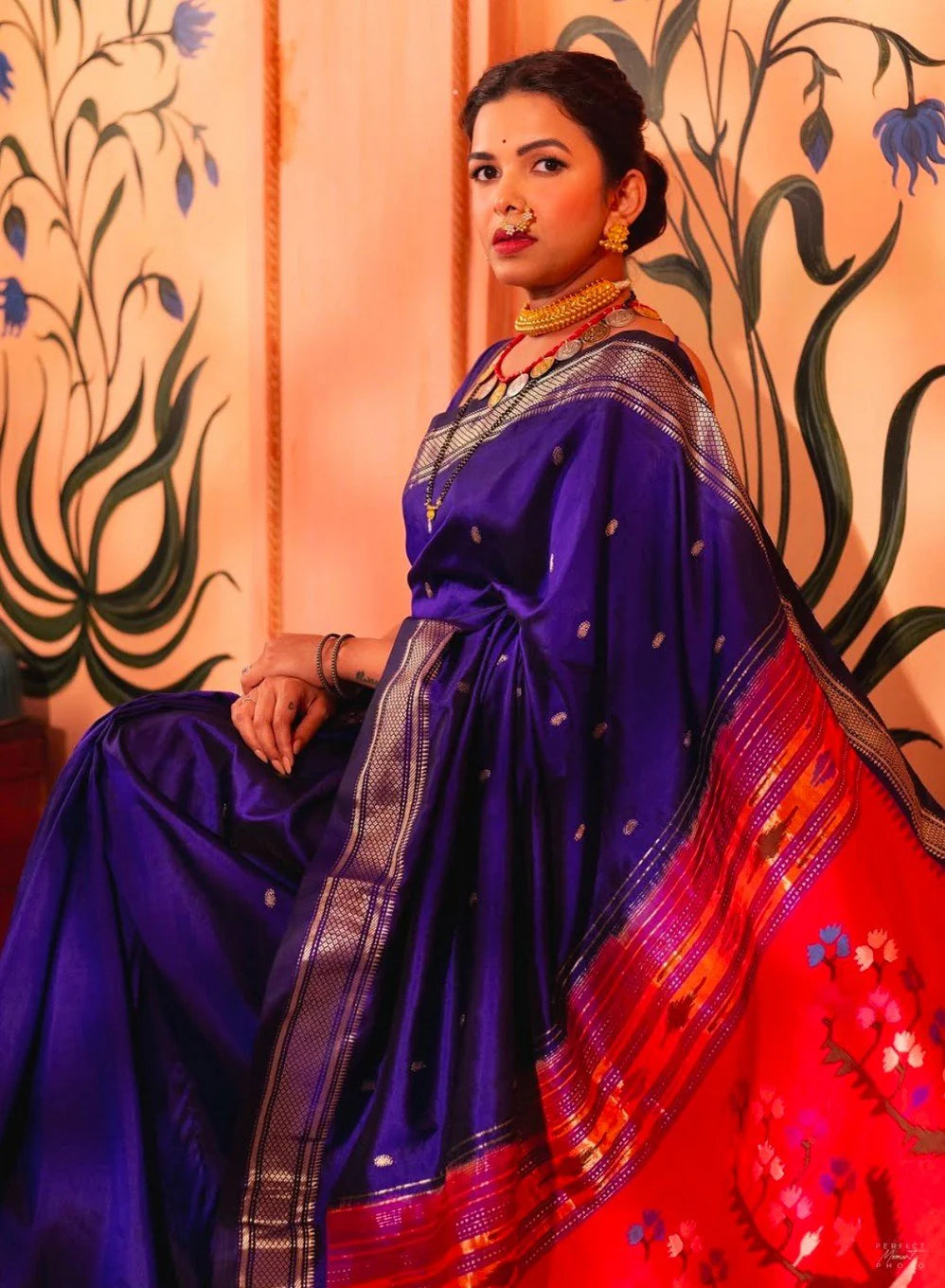 Paithani Weave with Peach and Gold Border with Double Pallu