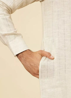 White Pure Silk  Self Patterned Mens Kurta