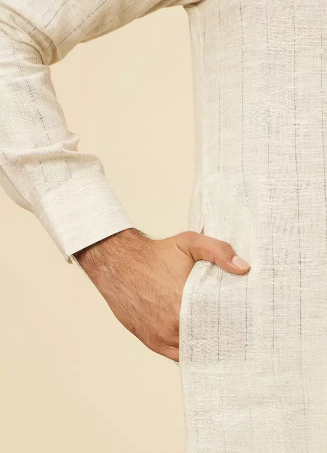 White Pure Silk  Self Patterned Mens Kurta
