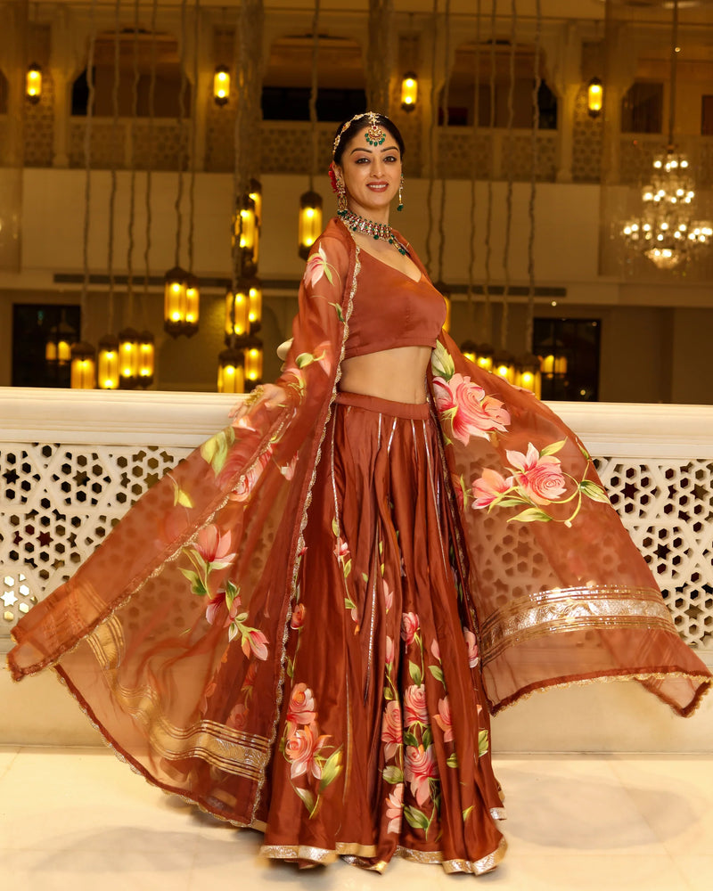 Hand-Painted Floral Satin Lehenga Set