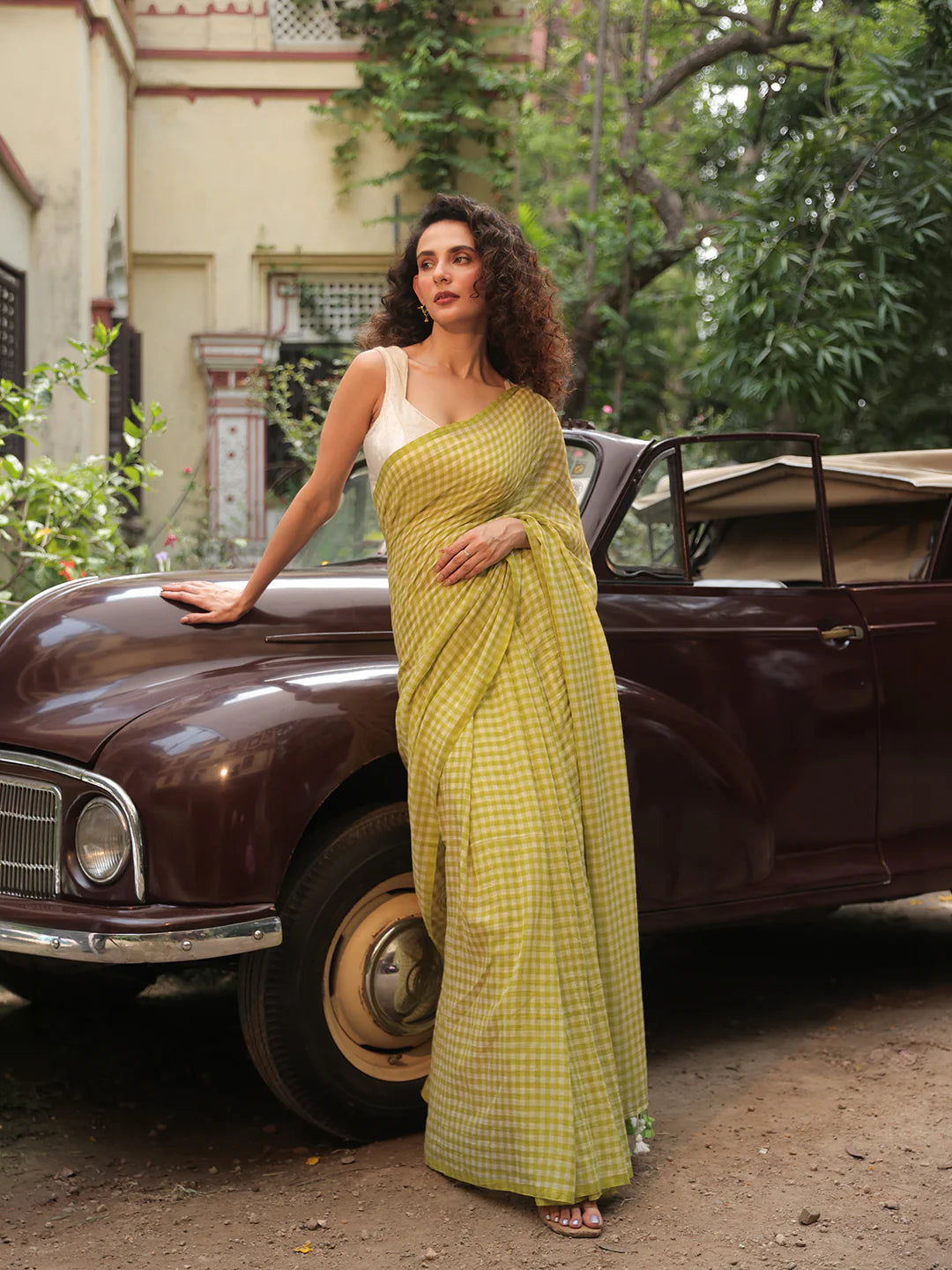 Sky Blue Gingham Mul Cotton Checks Saree