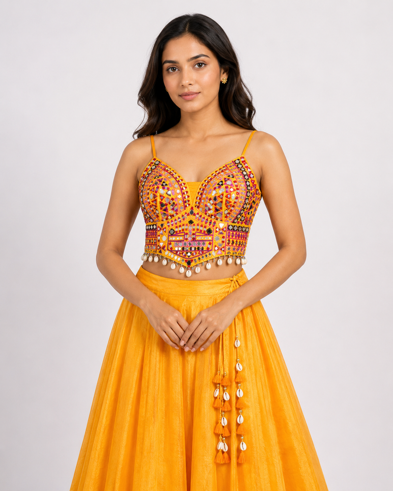 Rani Pink Mirror Work Designer Blouse with Shell Tassels