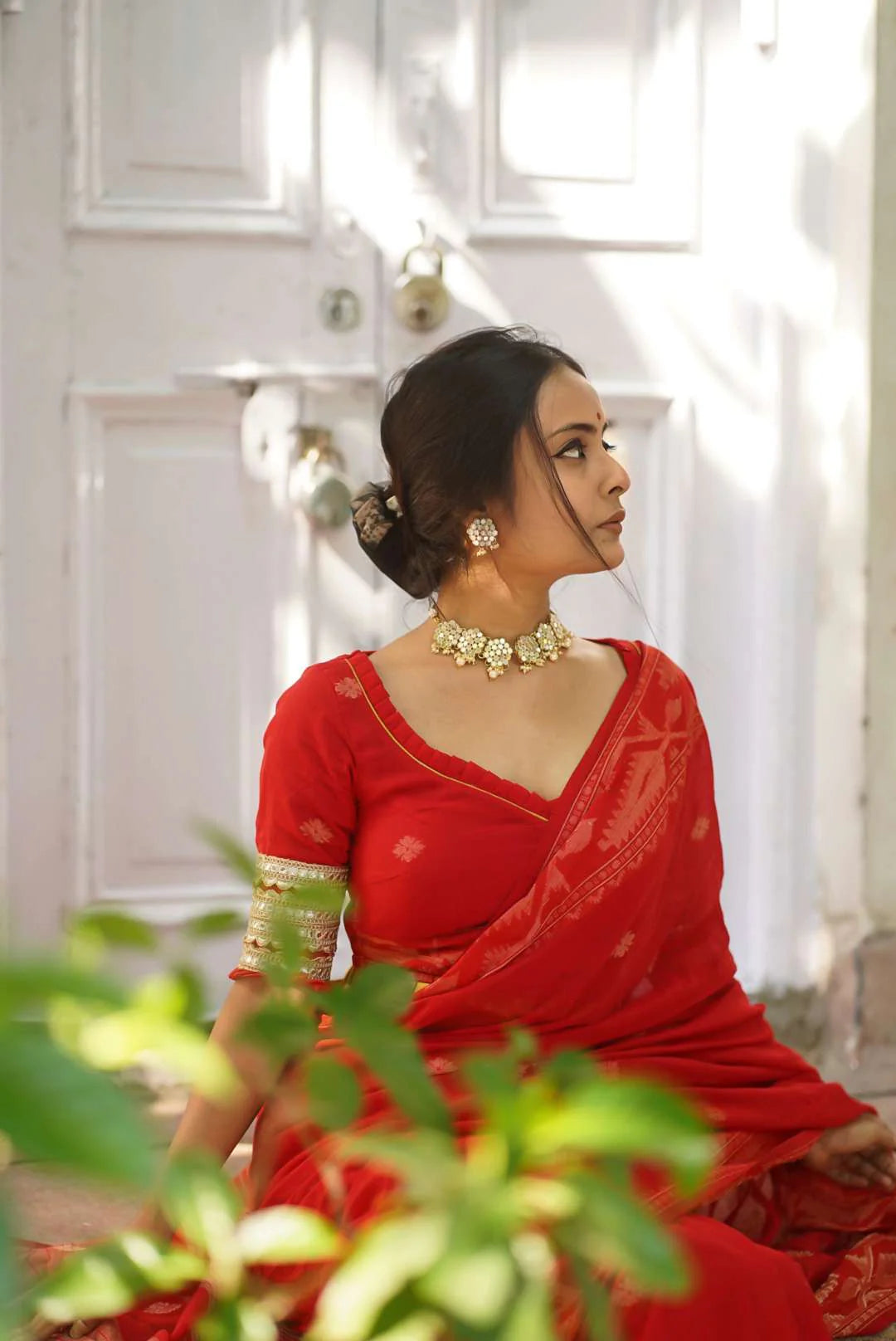 Red Handloom Cotton Woven Motifs Saree With Blouse