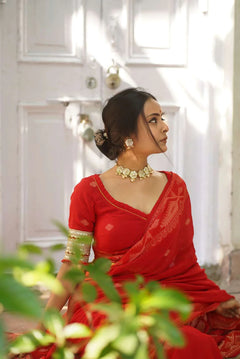 Red Handloom Cotton Woven Motifs Saree With Blouse