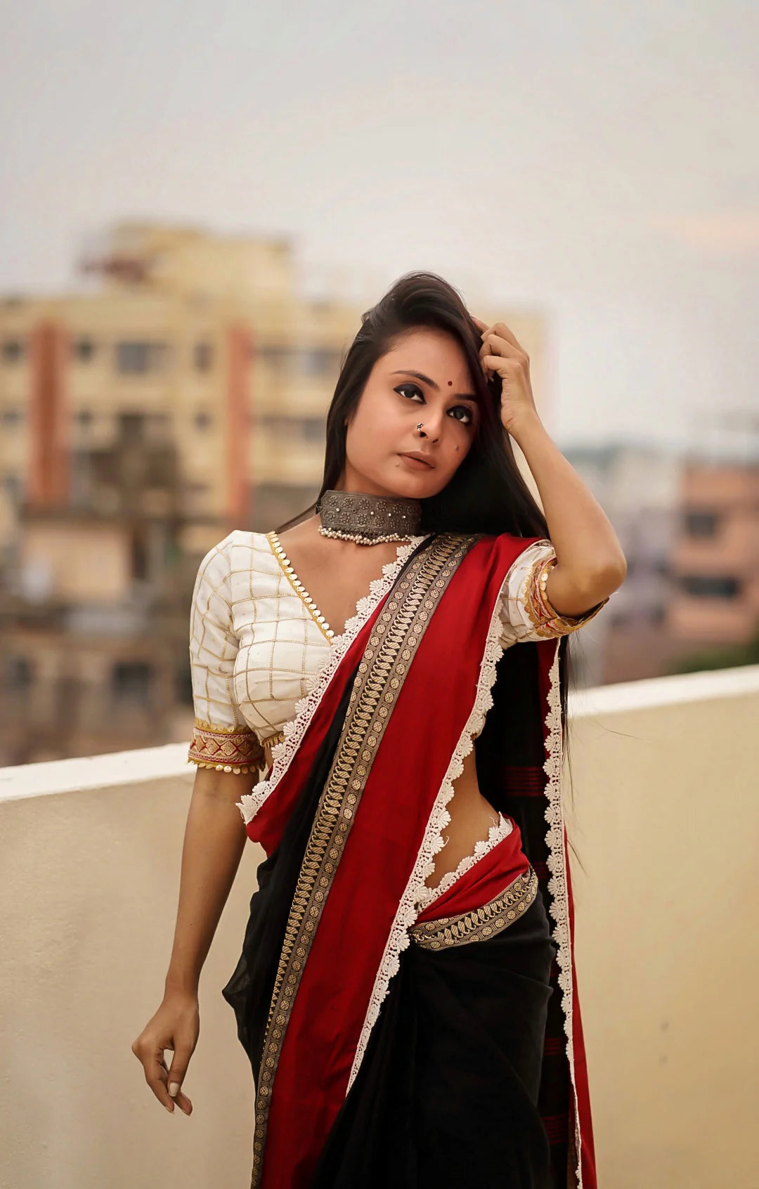 Black and Red Designer Embroidered Border Saree With Blouse