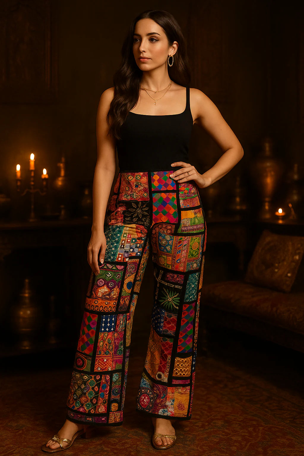 Embroidered Cotton Patchwork Flared Pants