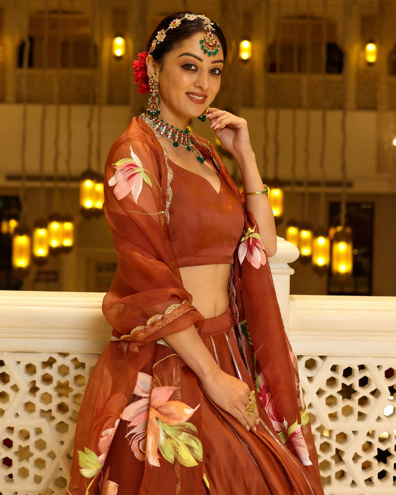 Hand-Painted Floral Satin Lehenga Set
