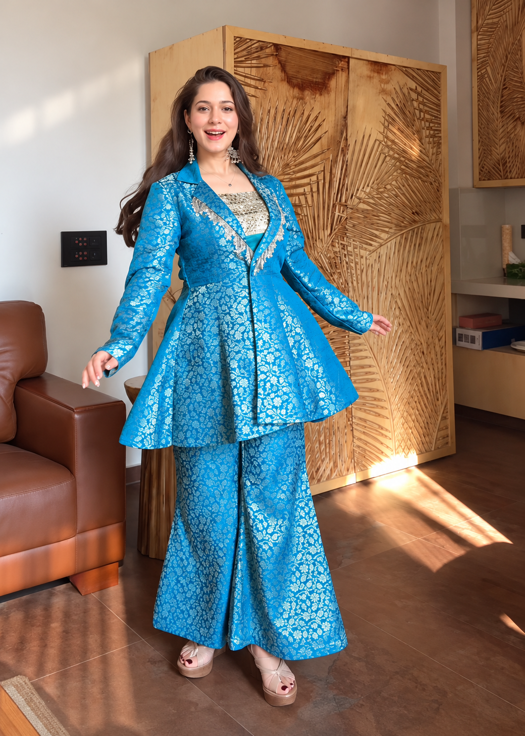 Azure Bloom Embroidered Western Fusion Set