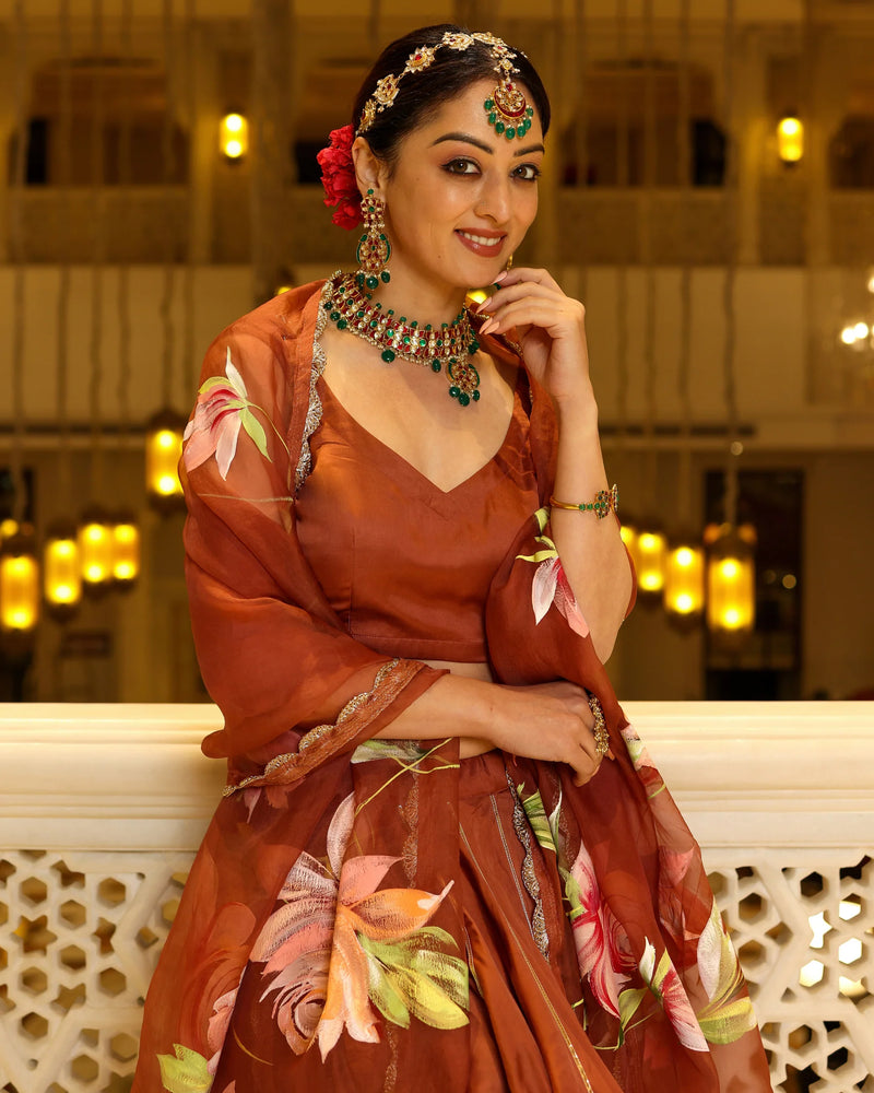 Hand-Painted Floral Satin Lehenga Set