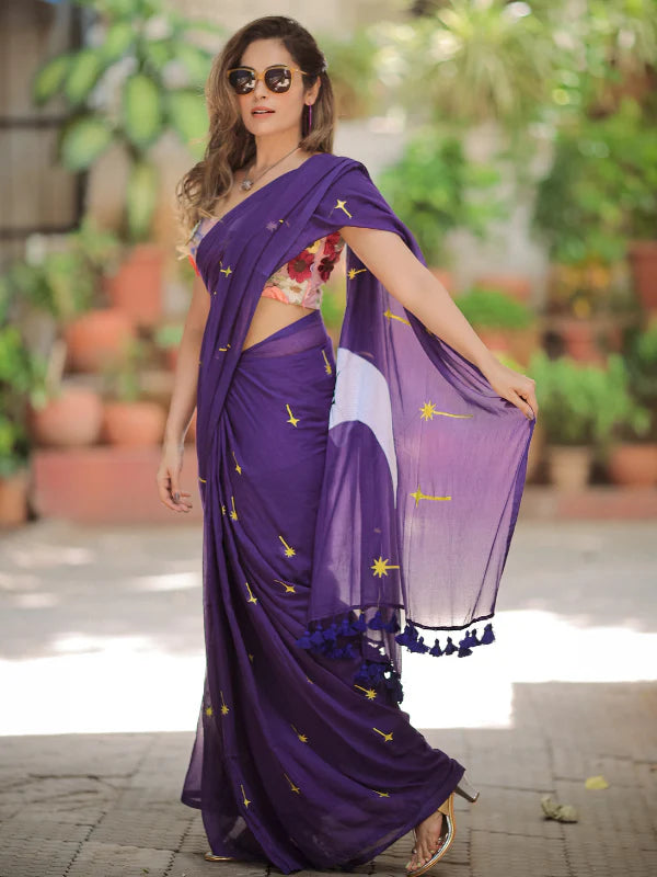 Purple Hand Embroidery Cotton Saree Mul Mul Saree