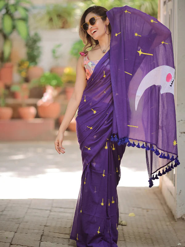 Purple Hand Embroidery Cotton Saree Mul Mul Saree
