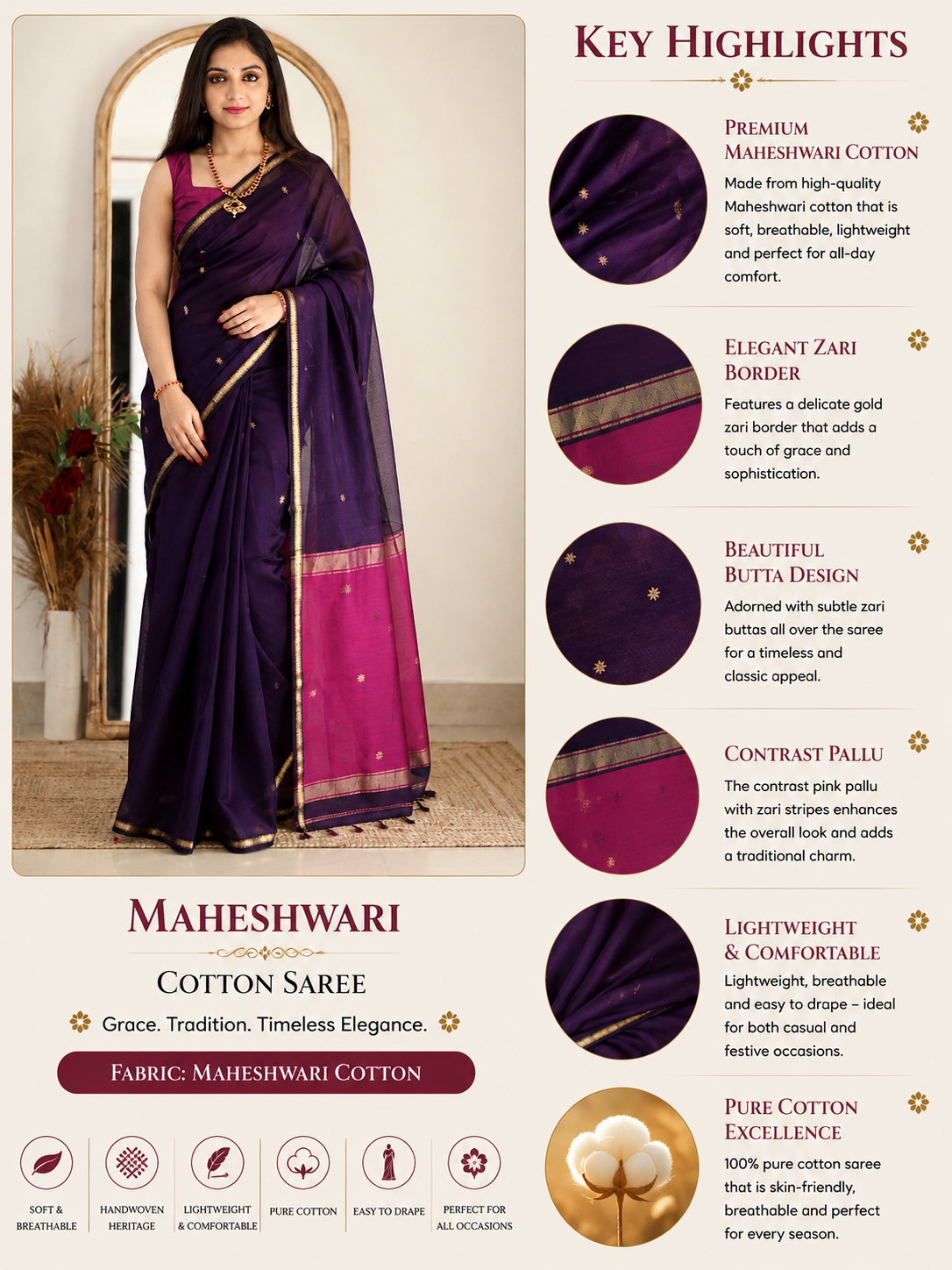 Dhara Maheshwari Zari Buti Saree