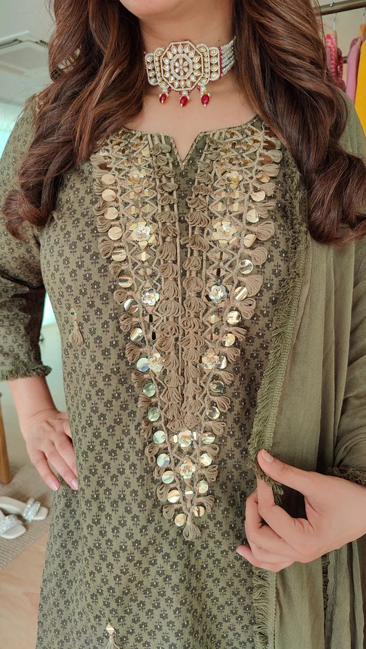 Ethnic Embroidered Maroon Long Yoke Sharara Set
