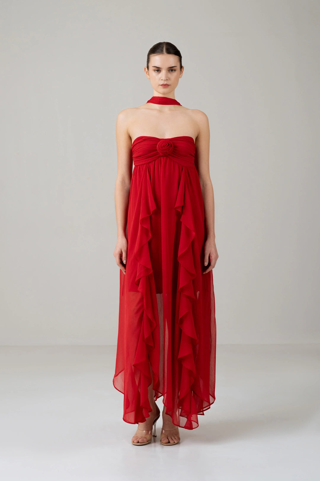 Crimson Rose Cascade Maxi Dress