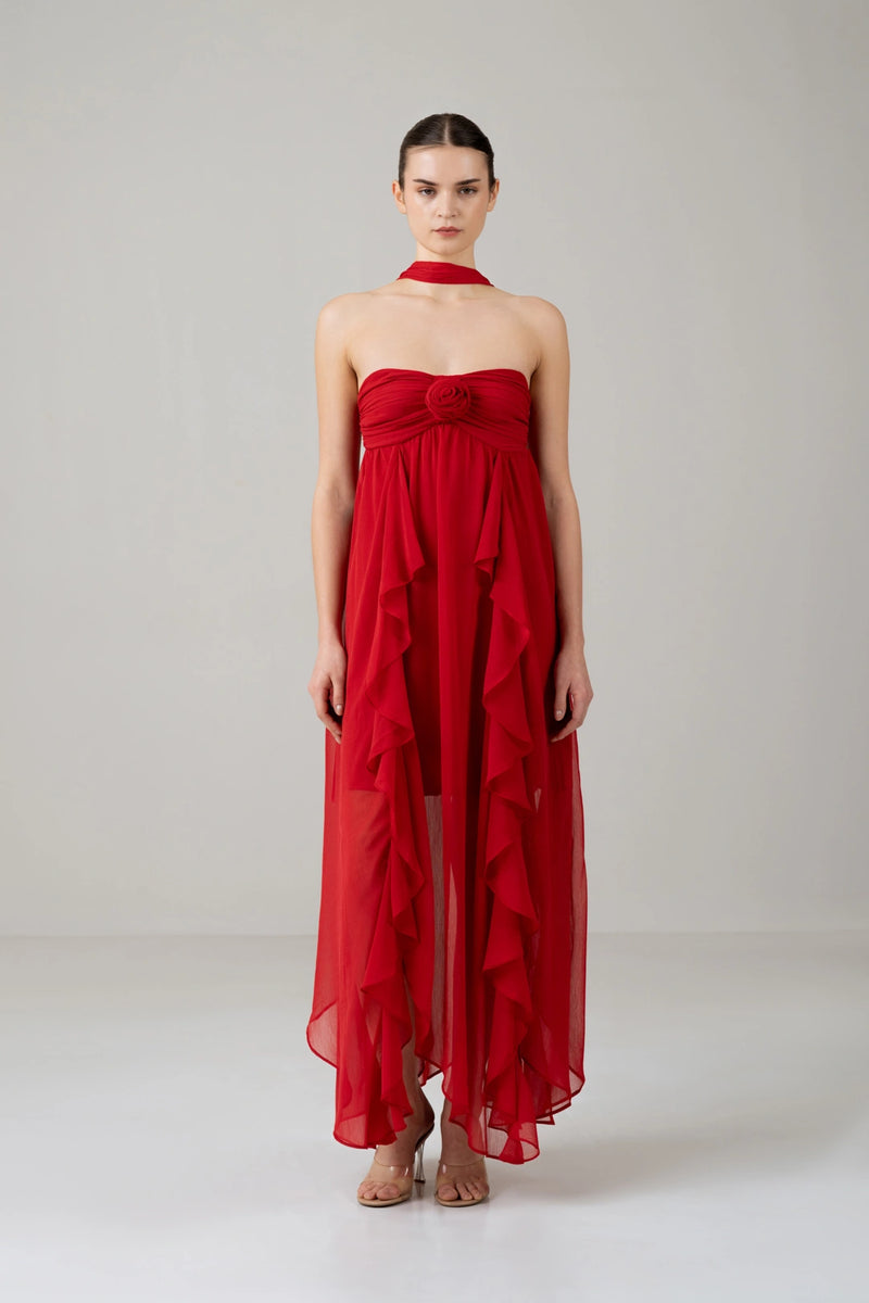 Crimson Rose Cascade Maxi Dress