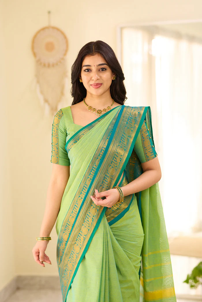 Mint Aura Chettinad Cotton Saree with Zari Border