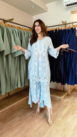 Sky Bloom Chikankari High-Low Kurta Set