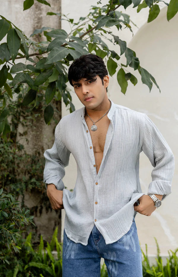Grey Cotton Linen Blend Solid Shirt