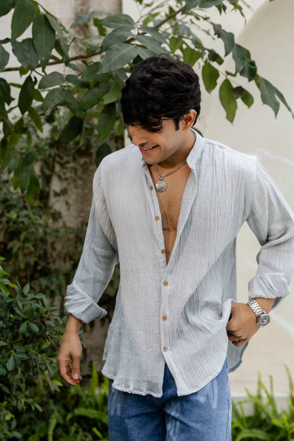 Grey Cotton Linen Blend Solid Shirt