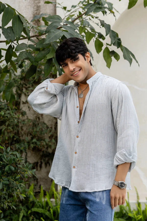 Grey Cotton Linen Blend Solid Shirt
