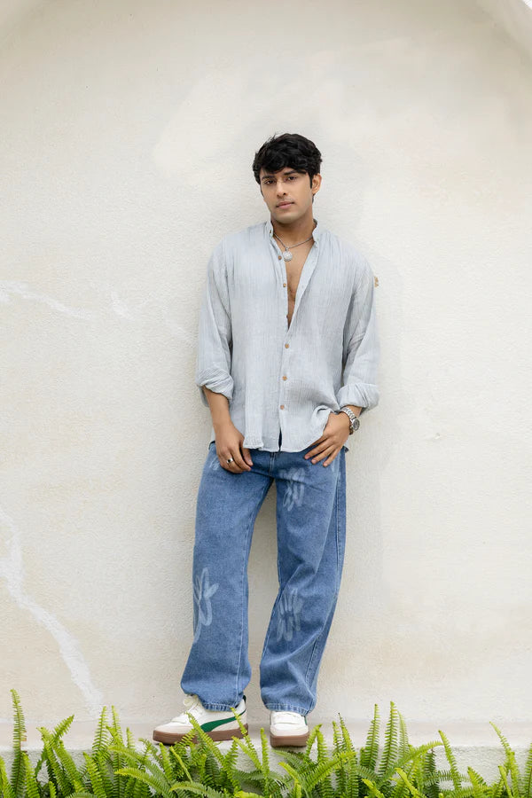 Grey Cotton Linen Blend Solid Shirt