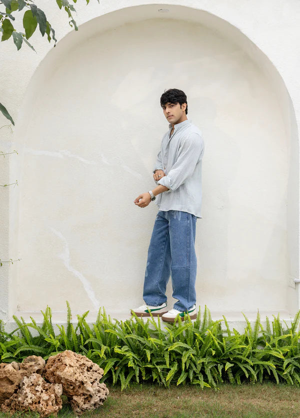 Grey Cotton Linen Blend Solid Shirt