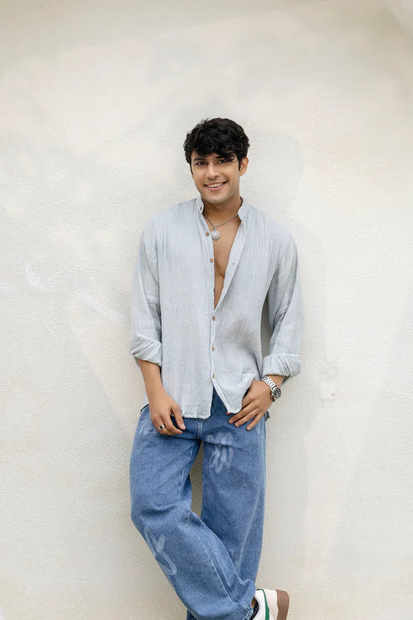Grey Cotton Linen Blend Solid Shirt