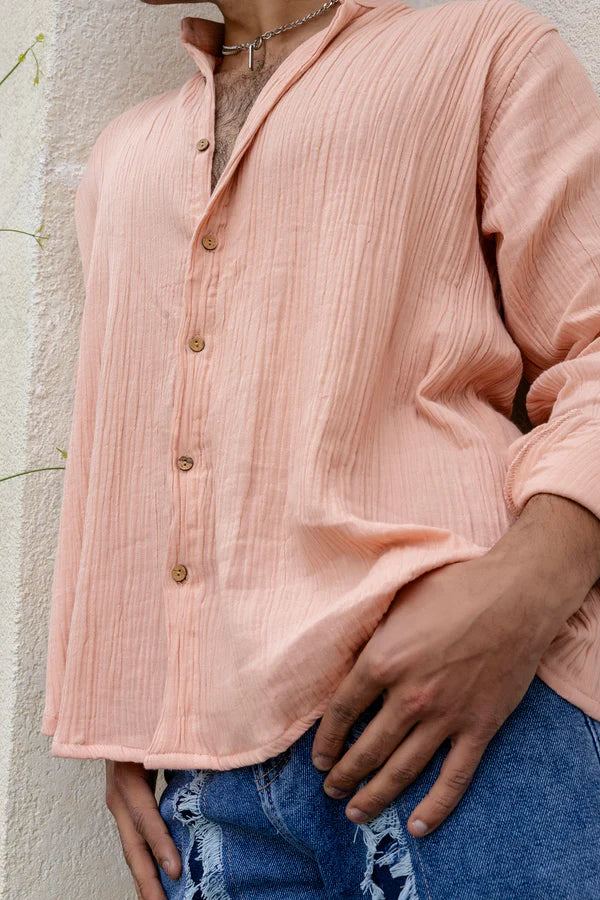 Peach Cotton Linen Blend Solid Shirt