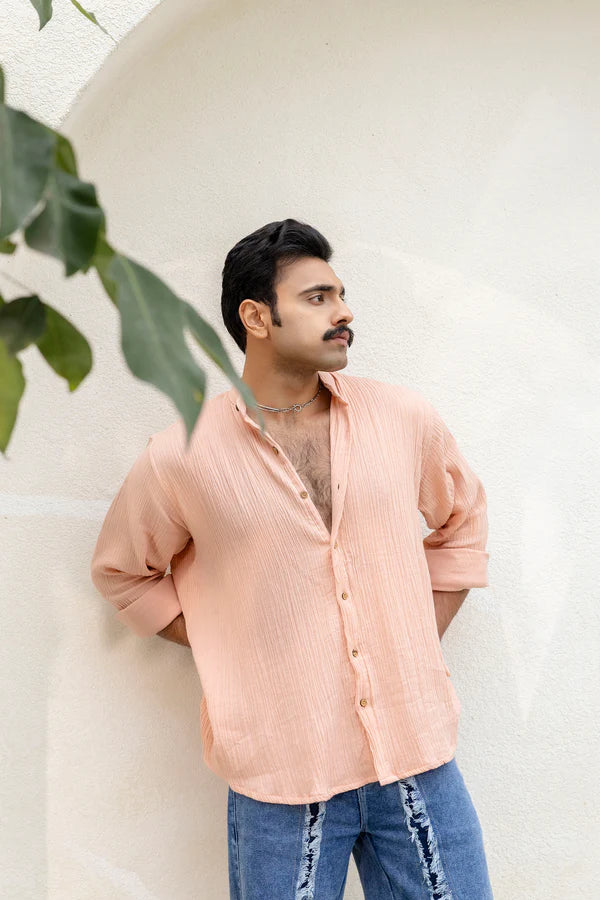 Peach Cotton Linen Blend Solid Shirt